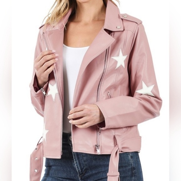 Zenana Star Moto Jacket Faux Leather, Pink Size Medium - Picture 3 of 10